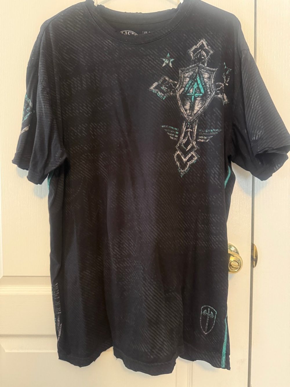Affliction Men's Black Graphic Tee with Teal Accents